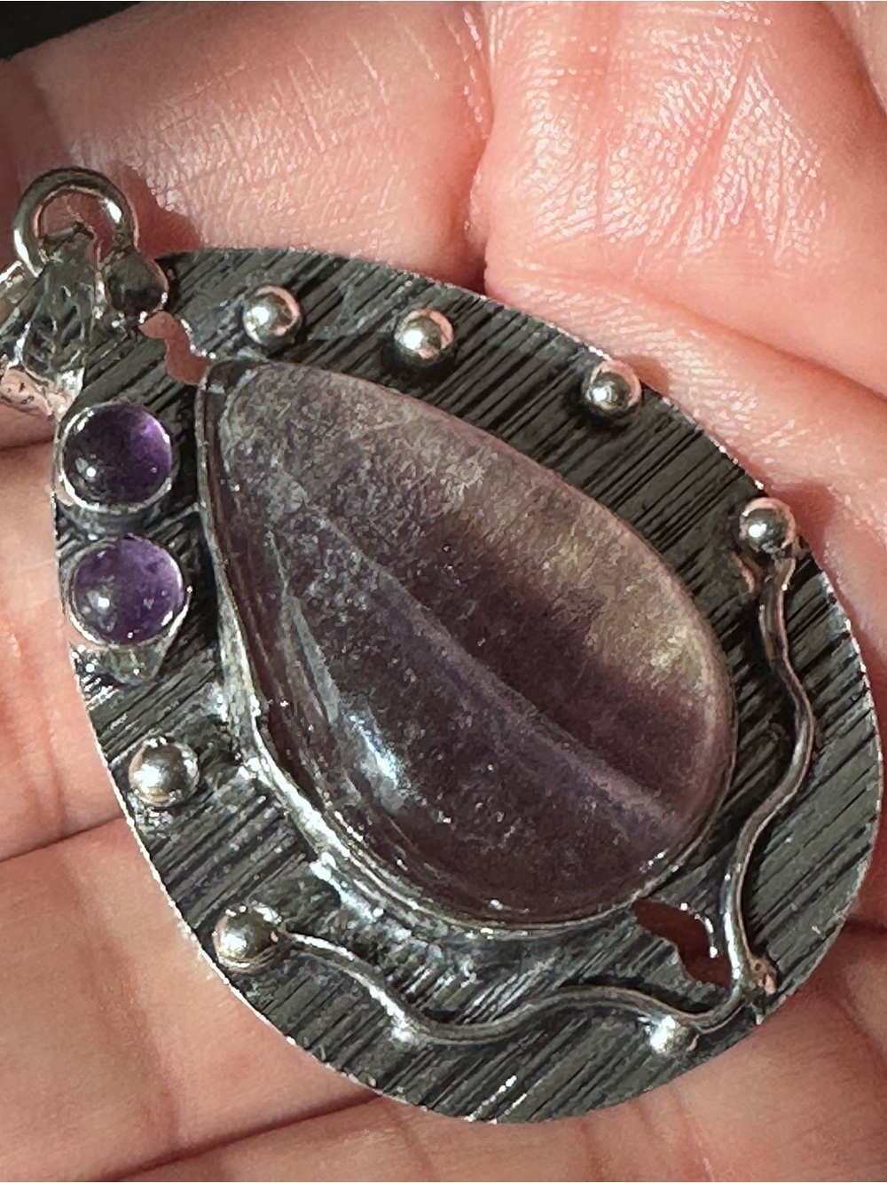 Artisan Sterling Silver Teardrop FLUORITE Pendant - Purple with FLUORITE Accents
